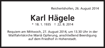 Traueranzeige von Karl Hägele von Schwäbische Post