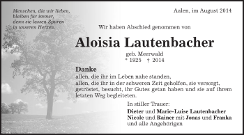 Traueranzeige von Aloisia Lautenbacher von Schwäbische Post