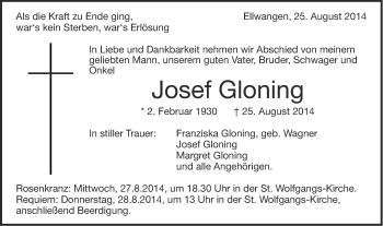 Traueranzeige von Josef Gloning von Schwäbische Post