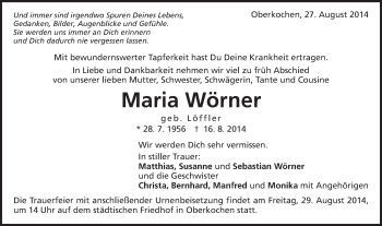Traueranzeige von Maria Wörner von Schwäbische Post