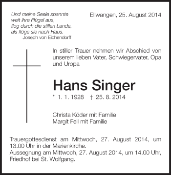 Traueranzeige von Hans Singer von Schwäbische Post