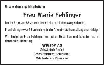 Traueranzeige von Maria Fehlinger von Gmünder Tagespost