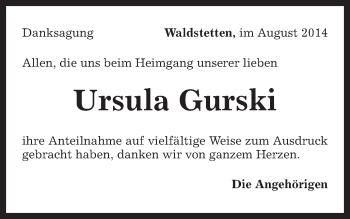 Traueranzeige von Ursula Gurski von Gmünder Tagespost