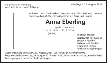 Traueranzeige von Anna Eberling von Schwäbische Post