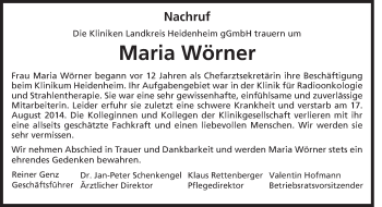 Traueranzeige von Maria Wörner von Schwäbische Post