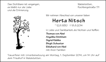Traueranzeige von Herta Nitsch von Gmünder Tagespost