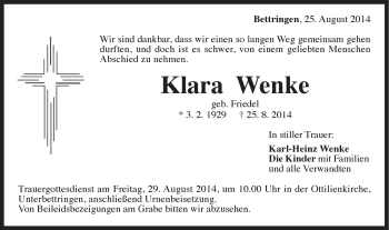Traueranzeige von Klara Wenke von Gmünder Tagespost