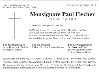 Traueranzeige von Monsignore Paul Fischer von Schwäbische Post