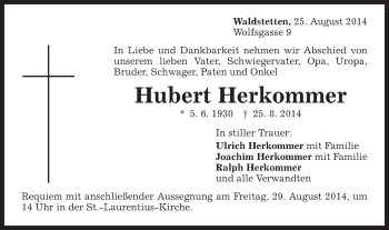 Traueranzeige von Hubert Herkommer von Gmünder Tagespost