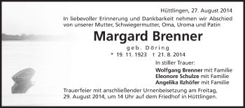 Traueranzeige von Margard Brenner von Schwäbische Post