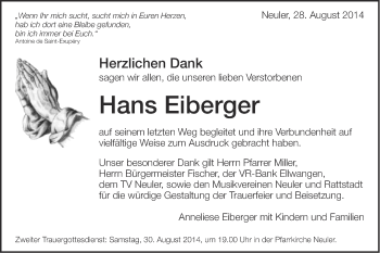 Traueranzeige von Hans Eiberger von Schwäbische Post