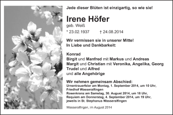Traueranzeige von Irene Höfer von Schwäbische Post