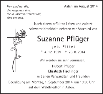 Traueranzeige von Suzanne Pflüger von Schwäbische Post