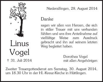 Traueranzeige von Linus Vogel von Schwäbische Post