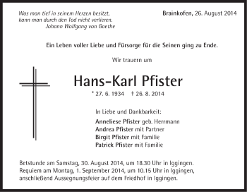 Traueranzeige von Hans-Karl Pfister von Gmünder Tagespost