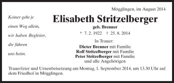 Traueranzeige von Elisabeth Stritzelberger von Gmünder Tagespost