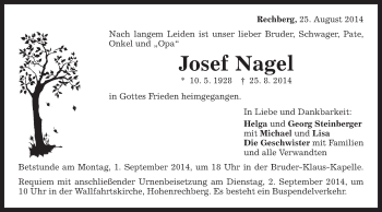 Traueranzeige von Josef Nagel von Gmünder Tagespost