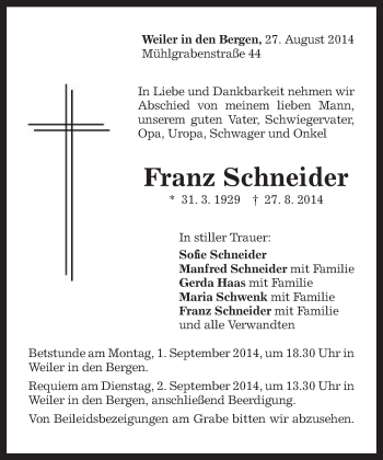Traueranzeige von Franz Schneider von Gmünder Tagespost