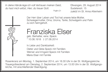 Traueranzeige von Franziska Elser von Schwäbische Post