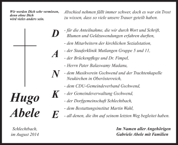 Traueranzeige von Hugo Abele von OstalbTrauer