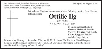 Traueranzeige von Ottilie Ilg von OstalbTrauer