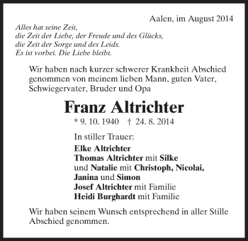 Traueranzeige von Franz Altrichter von OstalbTrauer