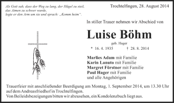 Traueranzeige von Luise Böhm von OstalbTrauer