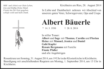 Traueranzeige von Albert Bäuerle von OstalbTrauer