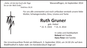 Traueranzeige von Ruth Gruner von Schwäbische Post