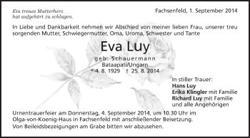 Traueranzeige von Eva Luy von Schwäbische Post