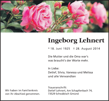 Traueranzeige von Ingeborg Lehnert von Gmünder Tagespost