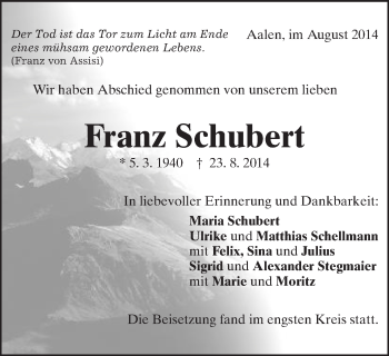 Traueranzeige von Franz Schubert von Schwäbische Post