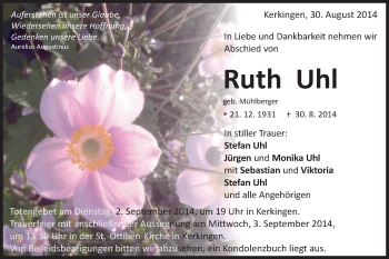 Traueranzeige von Ruth Uhl von Schwäbische Post