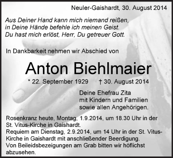 Traueranzeige von Anton Biehlmaier von Schwäbische Post