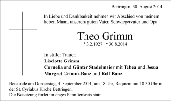 Traueranzeige von Theo Grimm von Gmünder Tagespost