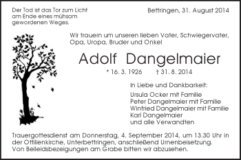 Traueranzeige von Adolf Dangelmaier von Gmünder Tagespost