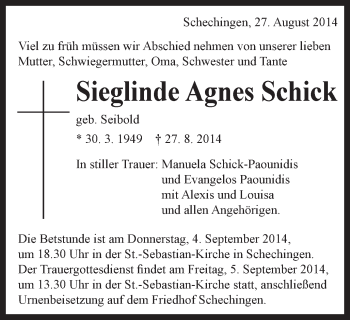Traueranzeige von Sieglinde Agnes Schick von Gmünder Tagespost