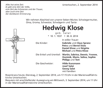 Traueranzeige von Hedwig Klose von Schwäbische Post