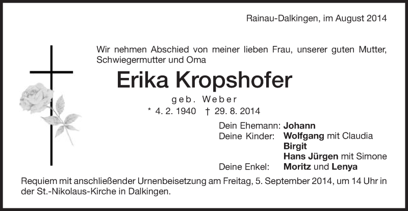  Traueranzeige für Erika Kropshofer vom 03.09.2014 aus Schwäbische Post