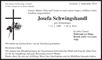 Traueranzeige von Josefa Schwingshandl von Gmünder Tagespost