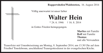 Traueranzeige von Walter Hein von Gmünder Tagespost