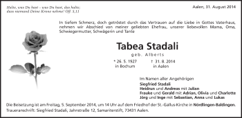 Traueranzeige von Tabea Stadali von Schwäbische Post