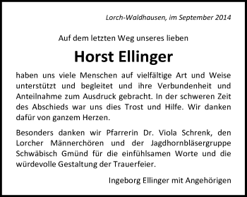 Traueranzeige von Horst Ellinger von Gmünder Tagespost