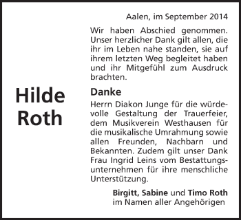 Traueranzeige von Hilde Roth von Schwäbische Post
