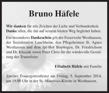 Traueranzeige von Bruno Häfele von Schwäbische Post