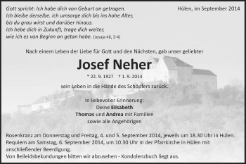Traueranzeige von Josef Neher von Schwäbische Post