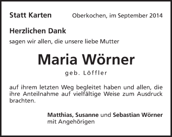 Traueranzeige von Maria Wörner von Schwäbische Post