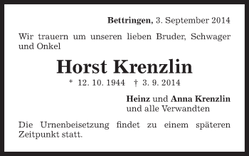 Traueranzeige von Horst Krenzlin von Gmünder Tagespost