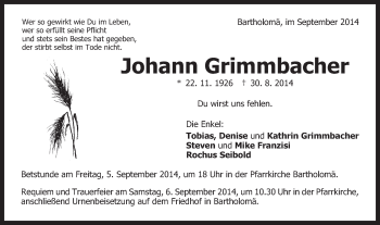 Traueranzeige von Johann Grimmbacher von Gmünder Tagespost