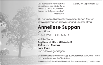 Traueranzeige von Anneliese Suppan von Schwäbische Post